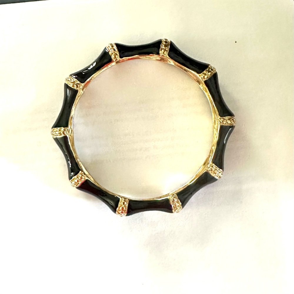Kenneth Jay Lane Gold Plated Black Enamel Bamboo Bangle Bracelet Vintage - Picture 9 of 9